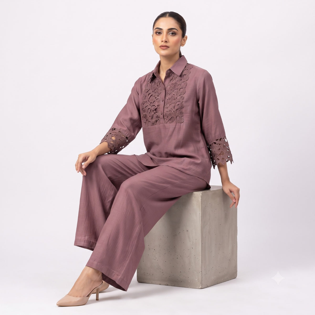 Mauve Cut-Work Embroidered Cotton Cord-set