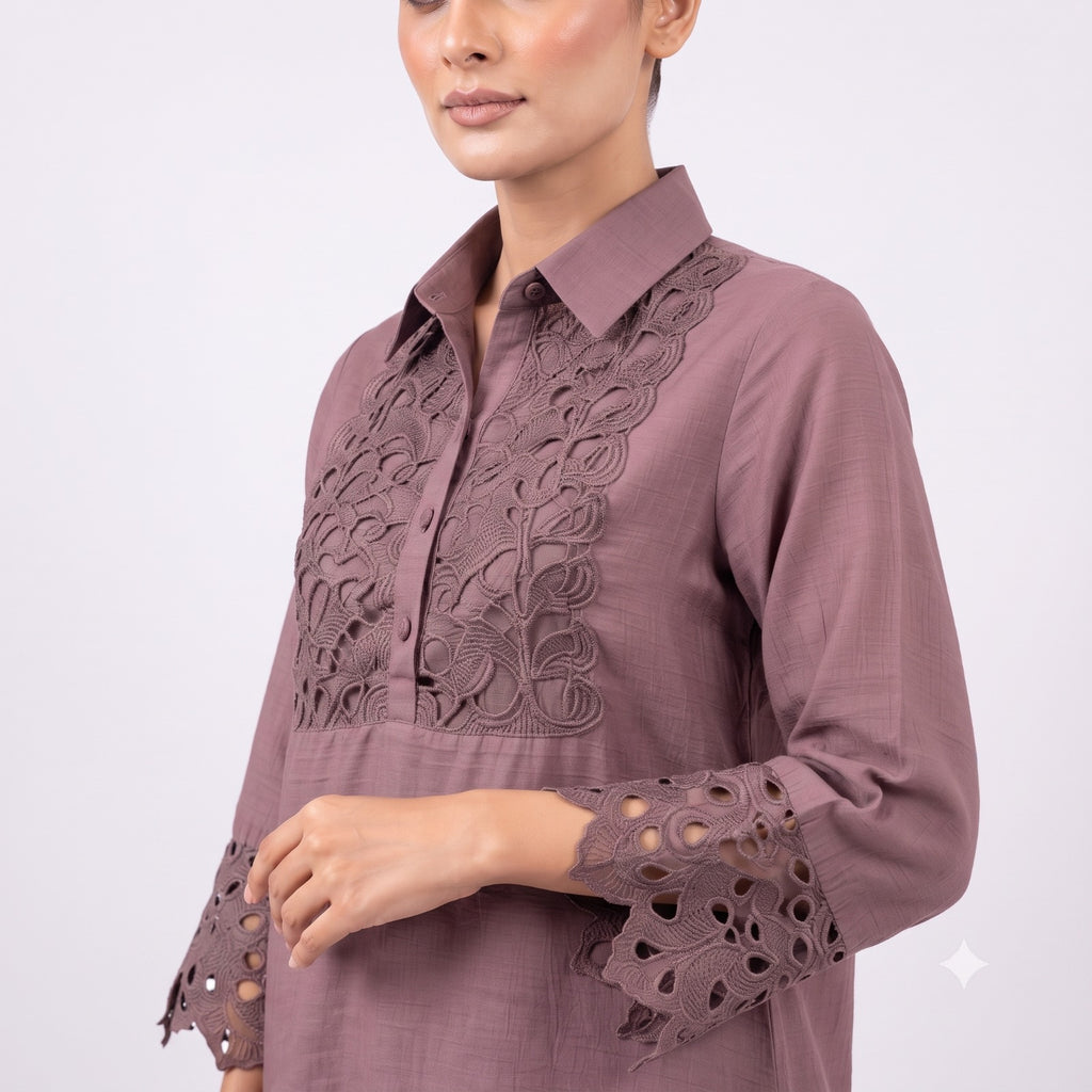 Mauve Cut-Work Embroidered Cotton Cord-set
