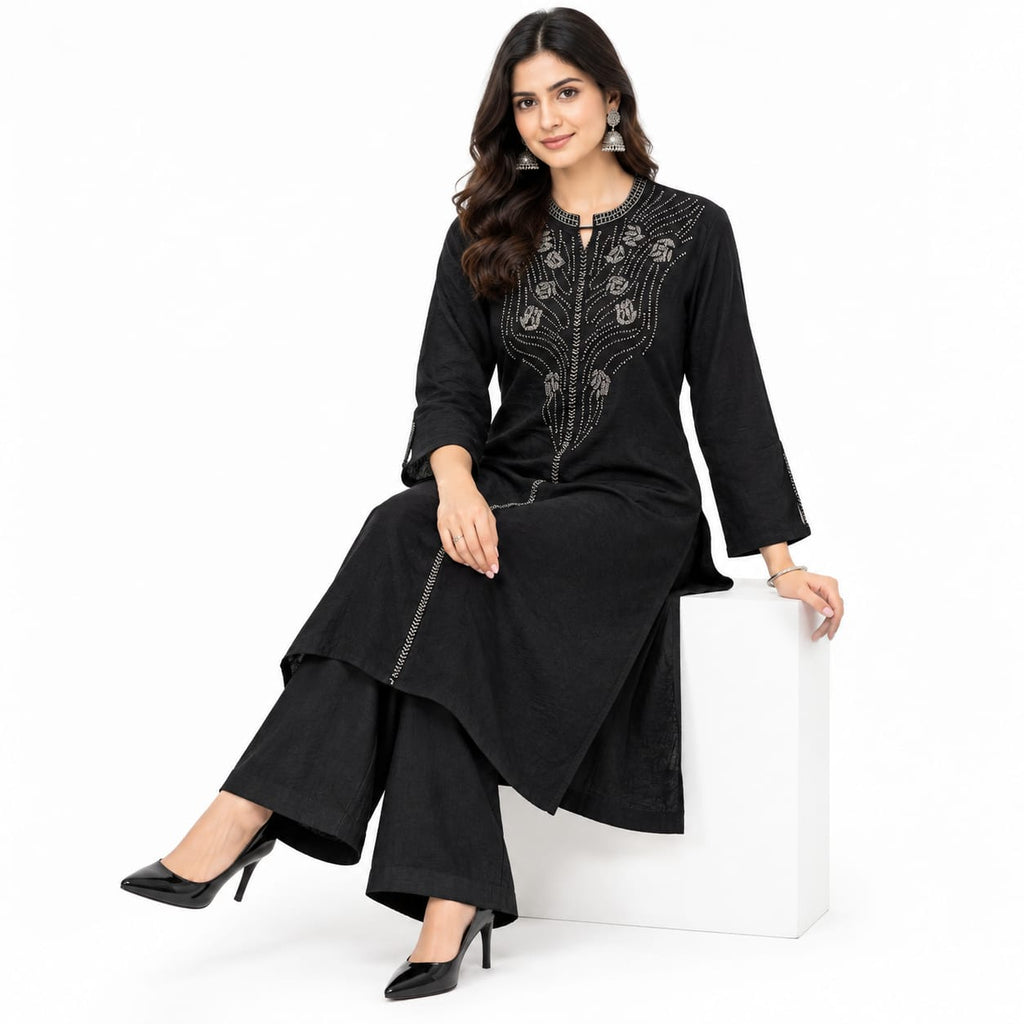 Midnight Noir Beaded Muslin Kurta Set