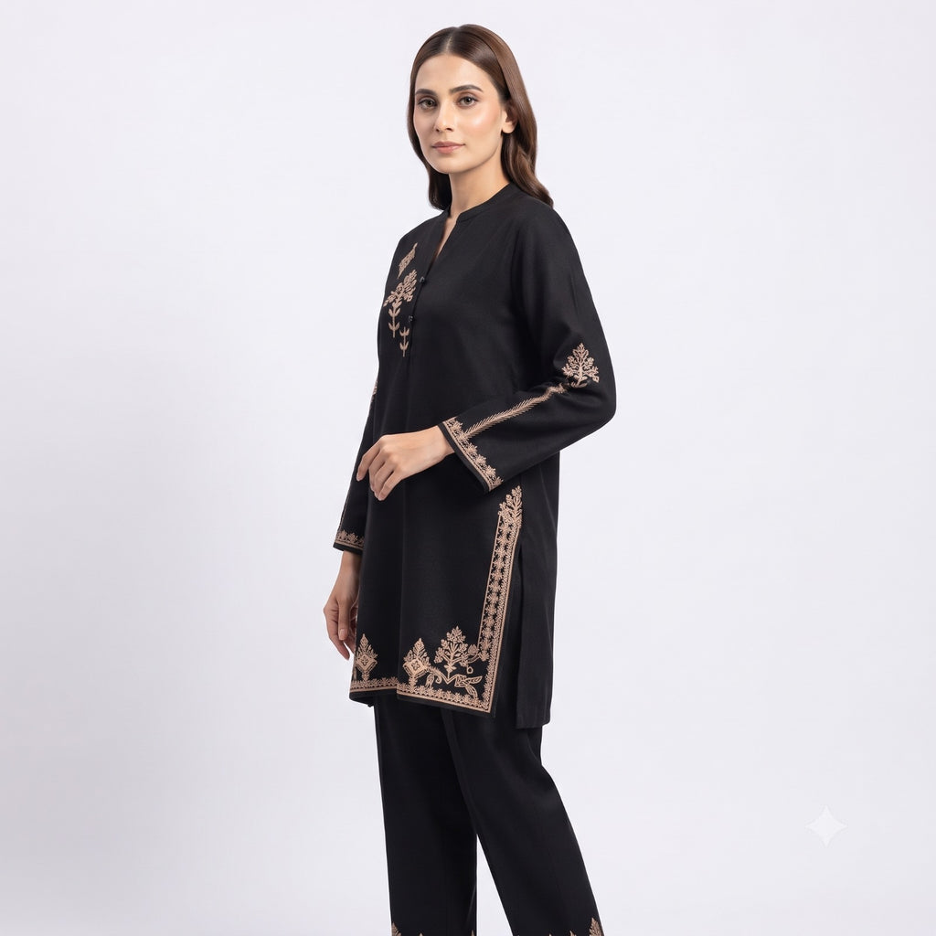 Jet Black Embroidered Fine Wool Cord-set