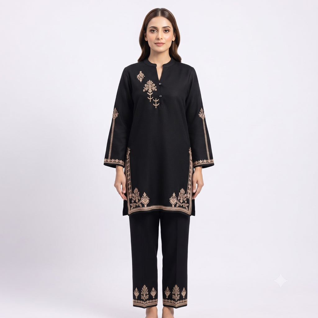 Jet Black Embroidered Fine Wool Cord-set