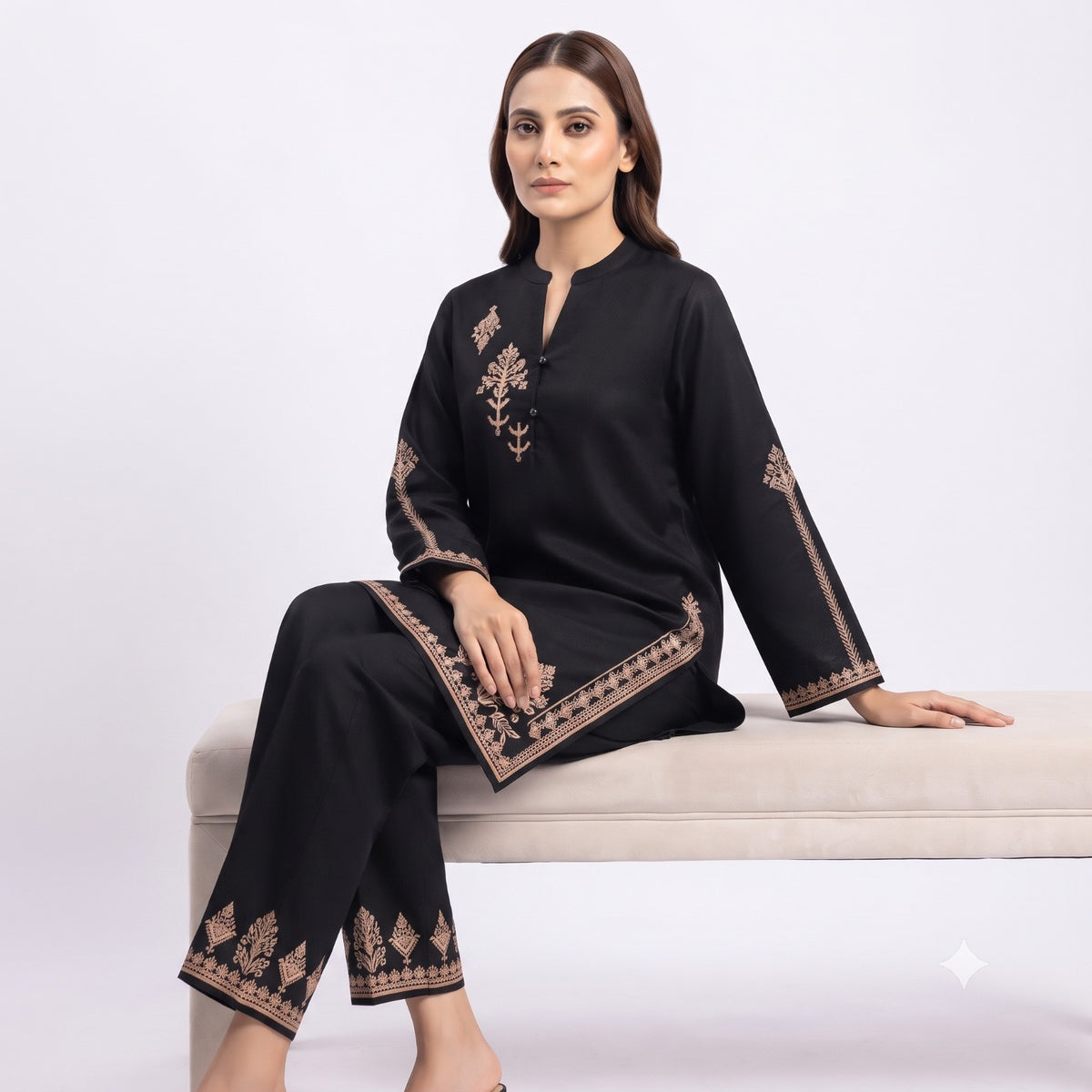 Jet Black Embroidered Fine Wool Cord-set