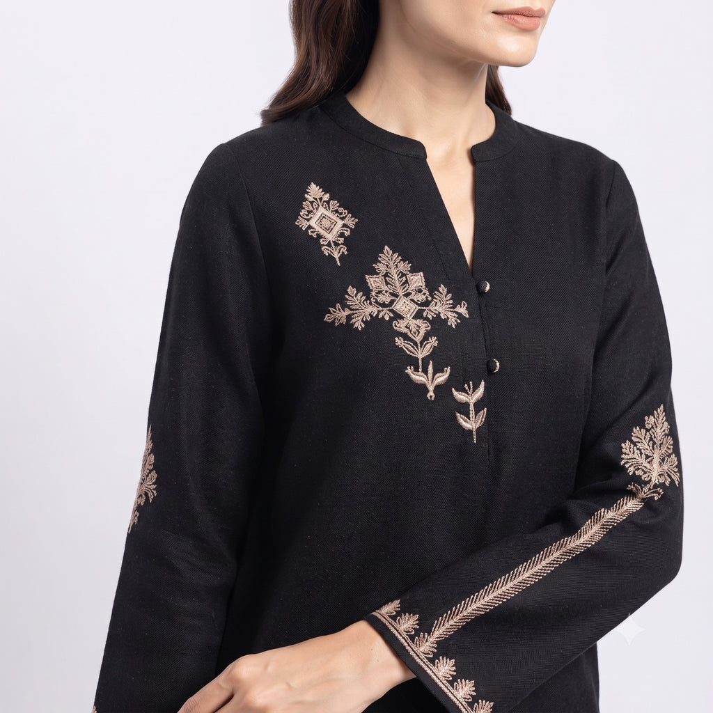 Jet Black Embroidered Fine Wool Cord-set
