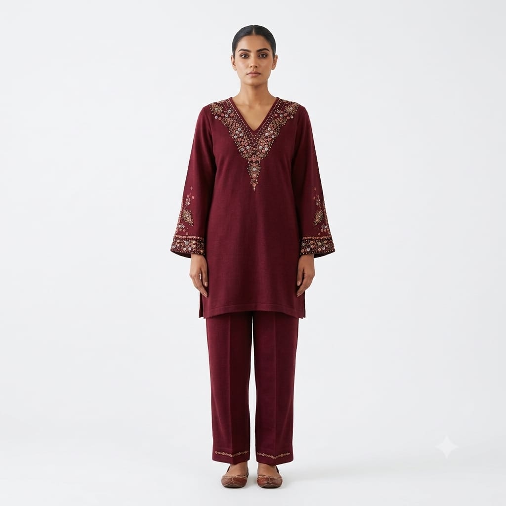 Embroidered Fine Wool Cord-set