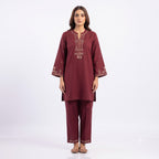 Maroon Embroidery Fine Wool Cord-set