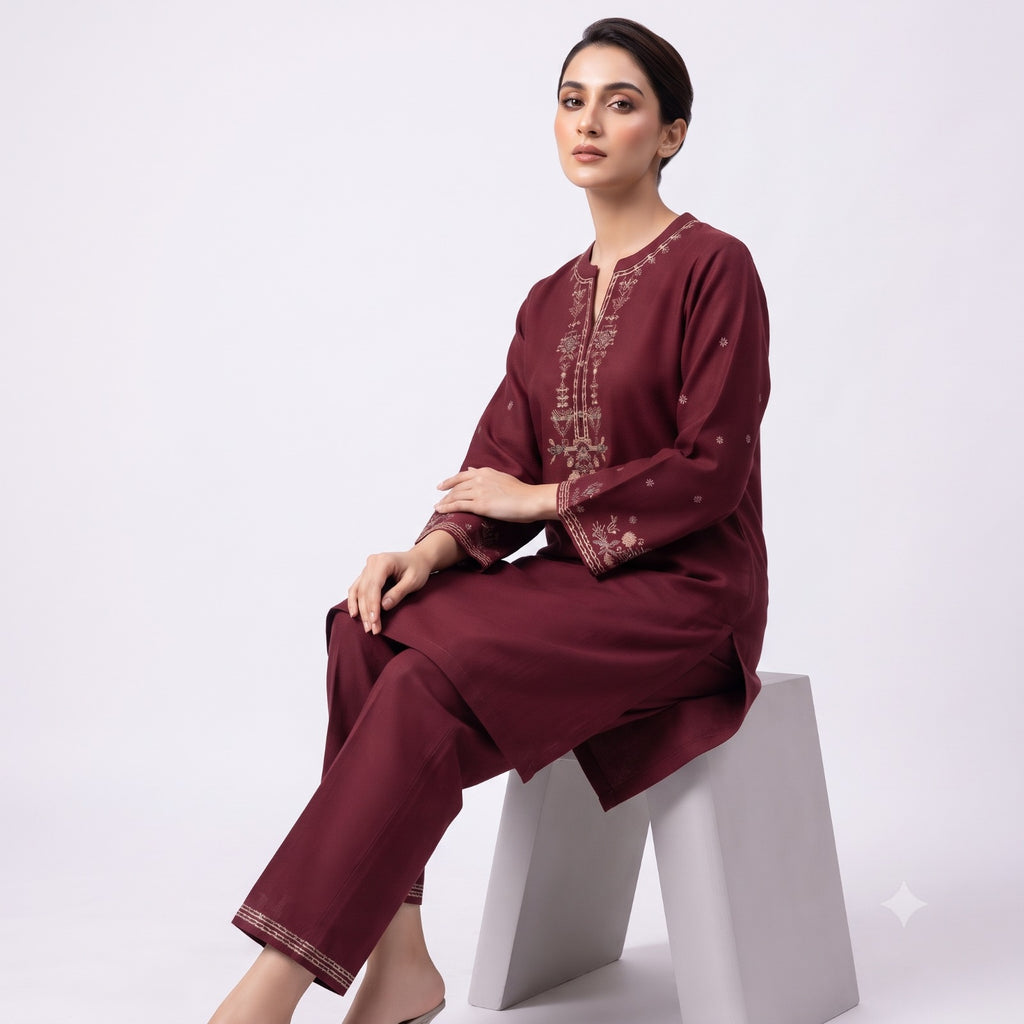 Maroon Embroidery Fine Wool Cord-set