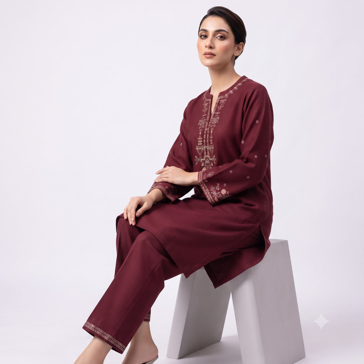 Maroon Embroidery Fine Wool Cord-set