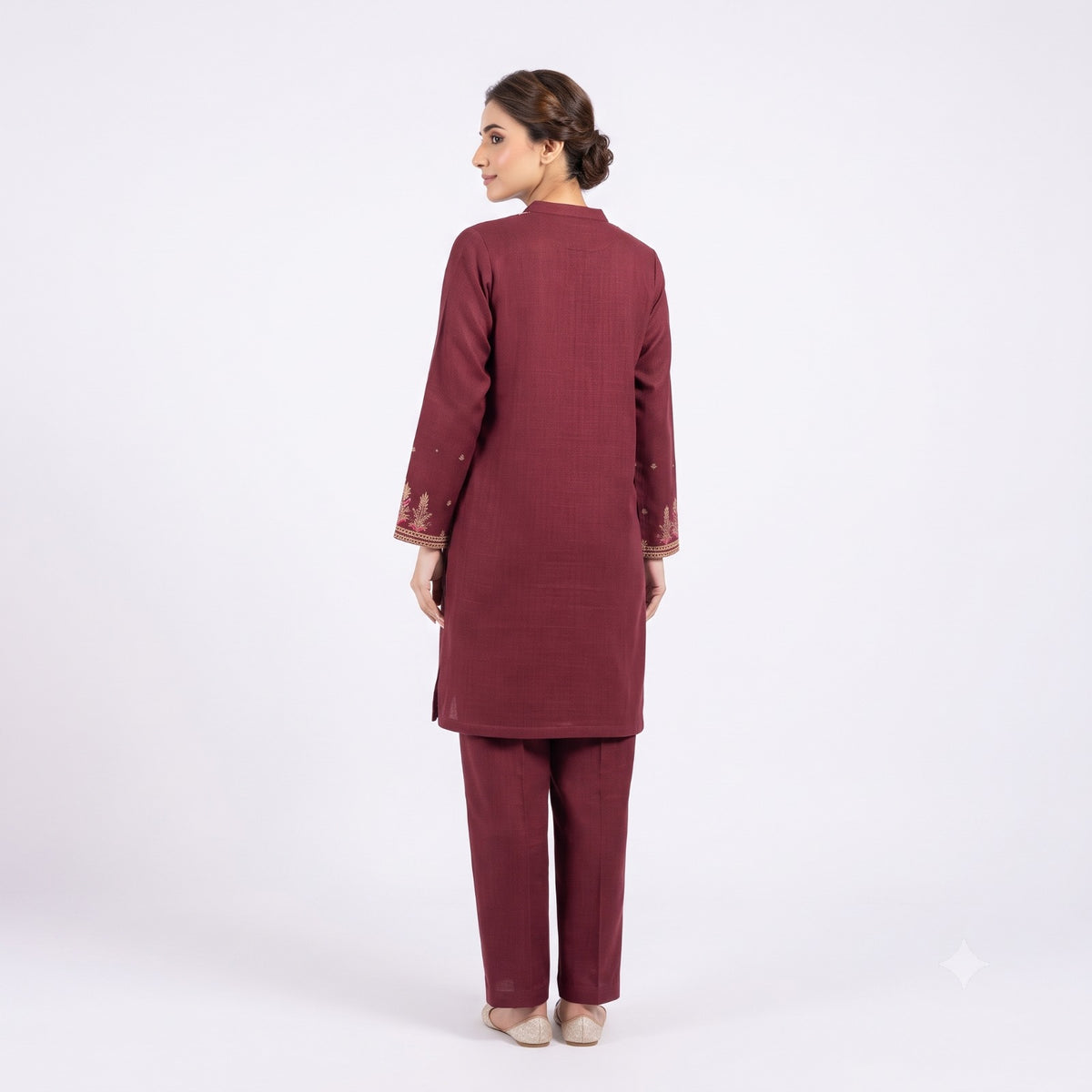 Maroon Embroidery Fine Wool Cord-set