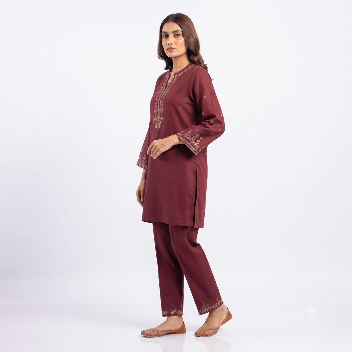 Maroon Embroidery Fine Wool Cord-set