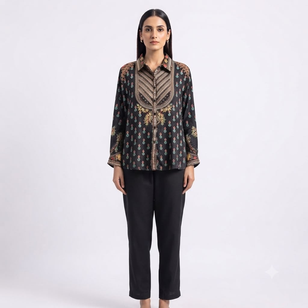 Onyx Tribal Crest Crepe Top