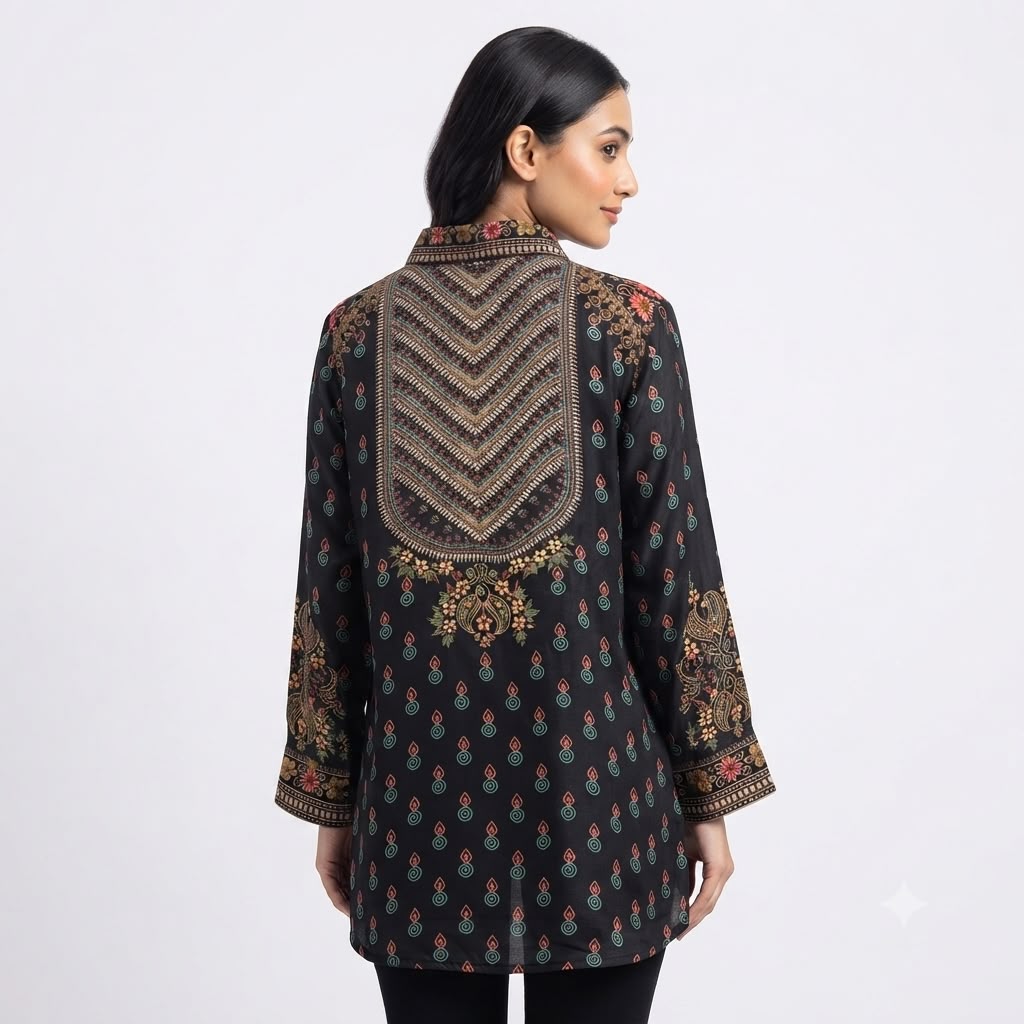 Onyx Tribal Crest Crepe Top