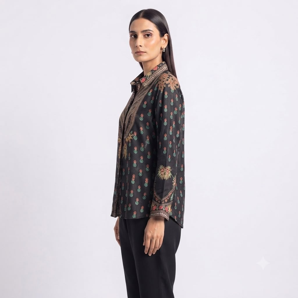 Onyx Tribal Crest Crepe Top