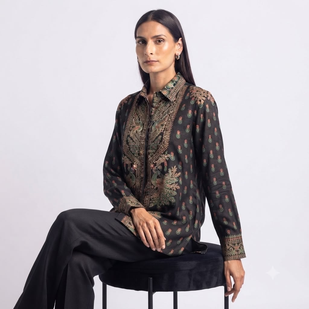 Onyx Tribal Crest Crepe Top