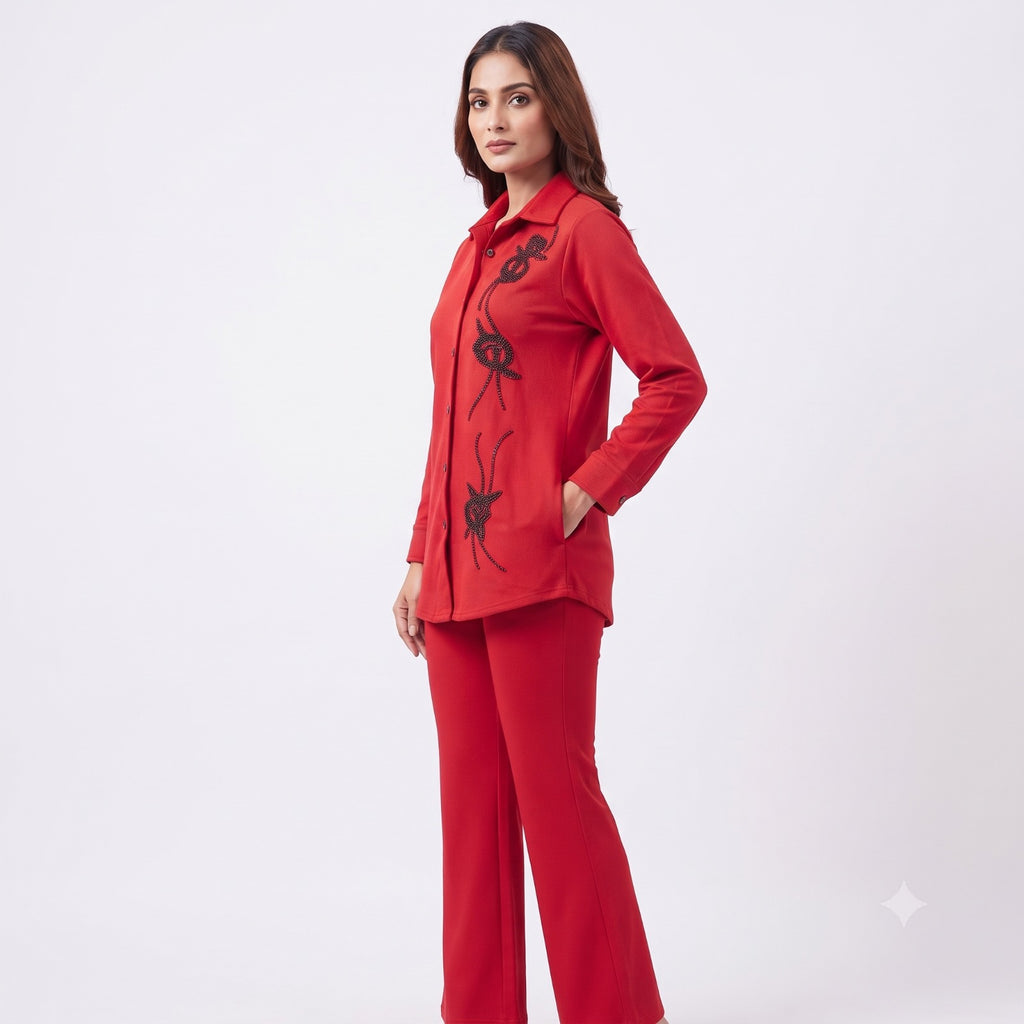 Crimson Bloom Suede Red Cord-set