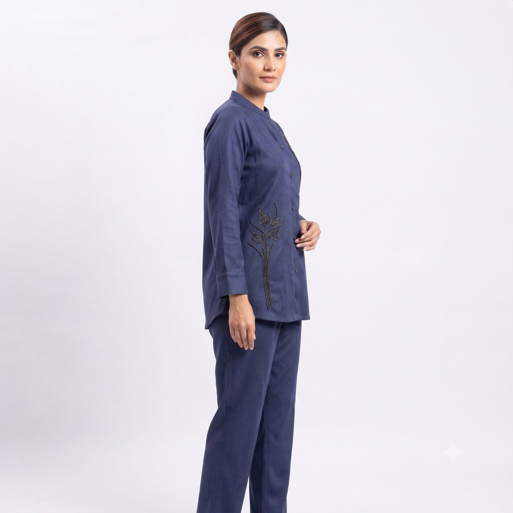 Midnight Blue Beaded Suede Cord-set