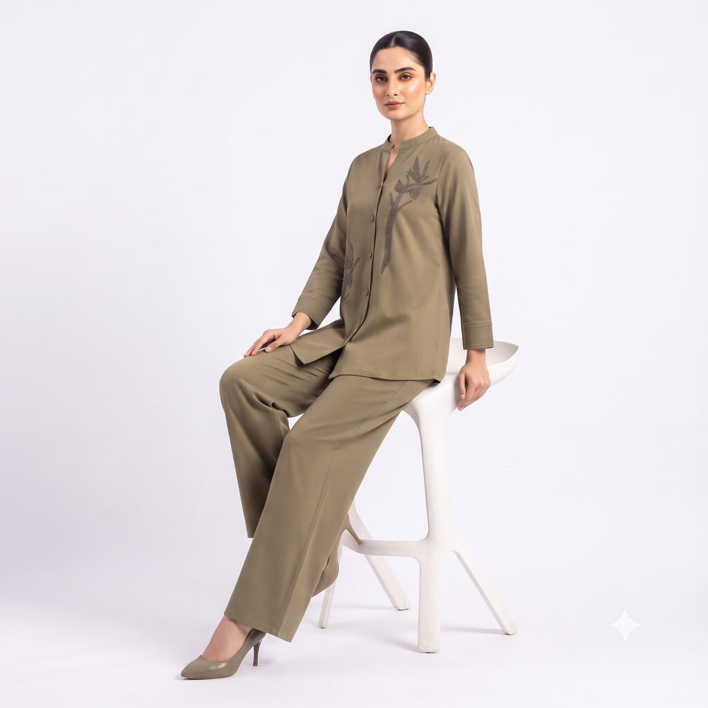 Olive Foliage Suede Cord-set