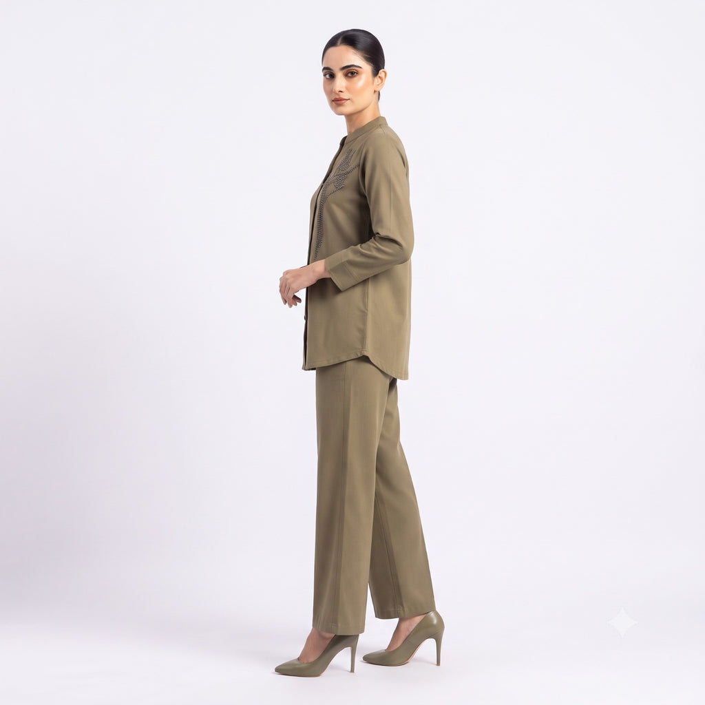 Olive Foliage Suede Cord-set