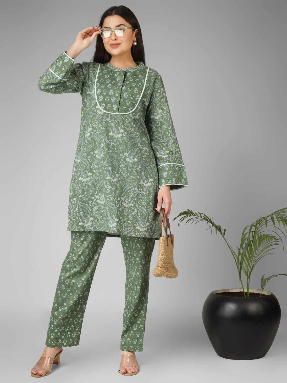 Green Printed Cotton Cord-set