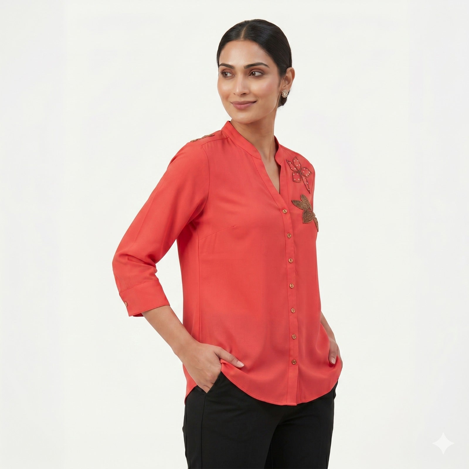 Coral Blossom Beaded Georgette Top